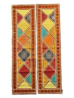 Vintage Rajasthani Sari Embroidered Patchwork Mirrored Tile Wall Hanging Panels